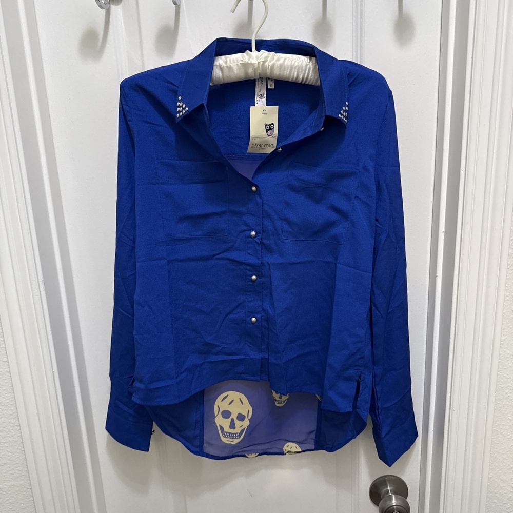 Womens Small Pink Owl Apparel Blue Embellished Collar Sheer Top Long Sleeve